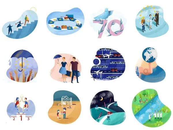 Ilustracje symbolizujące różne aspekty współpracy i rozwoju, od wspólnych celów po codzienne życie, pokazują siłę, która płynie z unii personalnej.