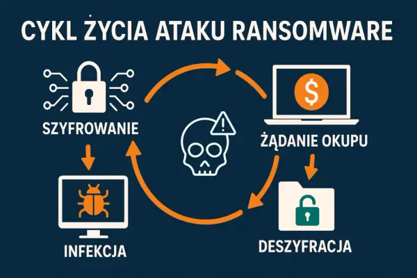 Cykl życia ataku ransomware: infekcja, szyfrowanie, żądanie okupu i deszyfracja. Schemat pokazuje, jak działa ransomware.