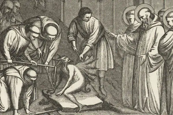 Mnisi w habicie walczą z demonem, symbolizując walkę ze złem i scholastykę.