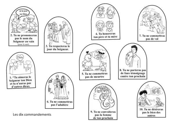 Ilustracja przedstawia 10 przykazań bożych oryginalne, z prostymi rysunkami ilustrującymi każde z nich.