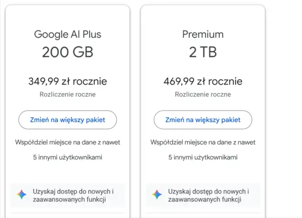 Dwa plany Google One: 200 GB za 349,99 zł rocznie i 2 TB za 469,99 zł rocznie, oba z możliwością współdzielenia i dostępem do nowych funkcji.